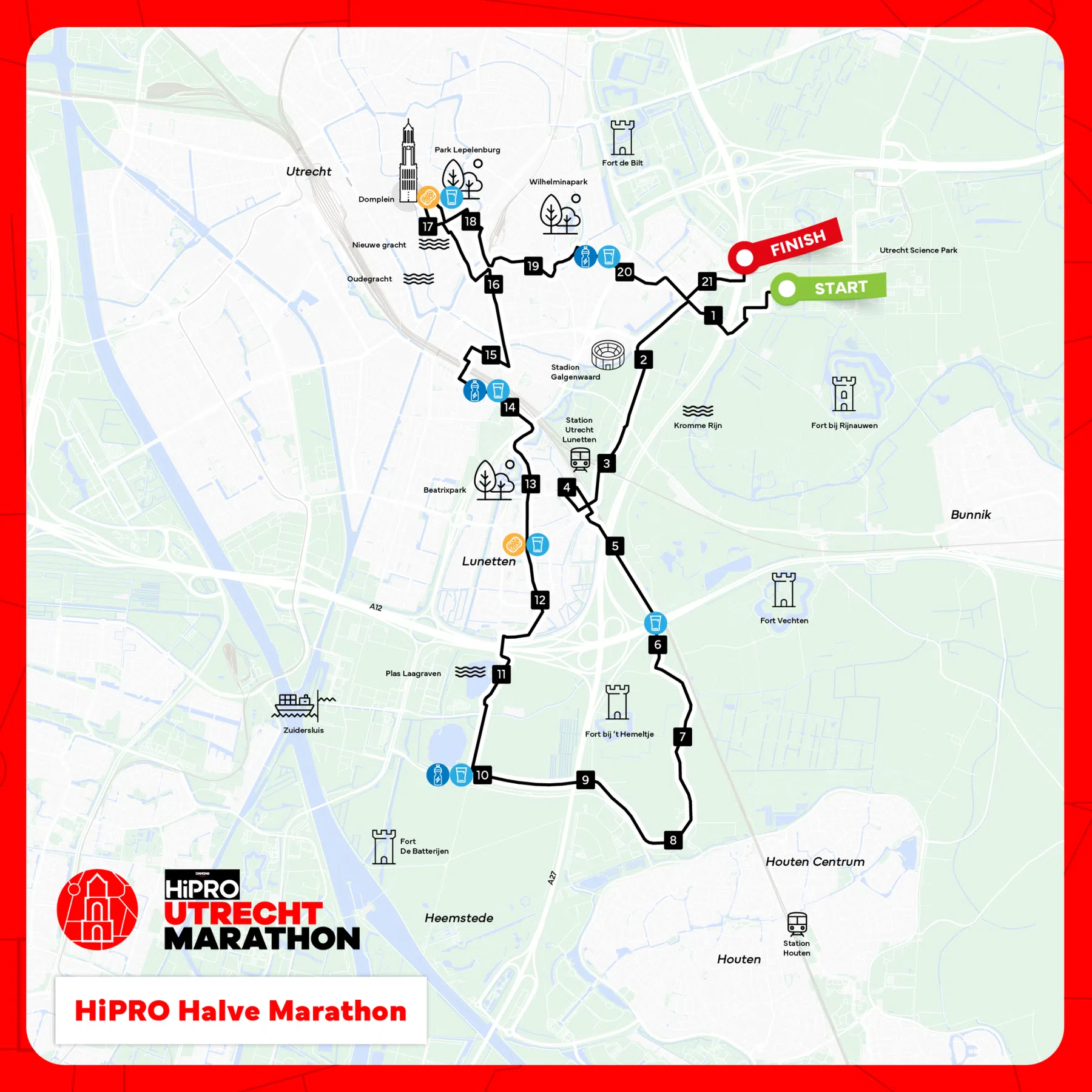 Het parcours van de halve marathon van Utrecht