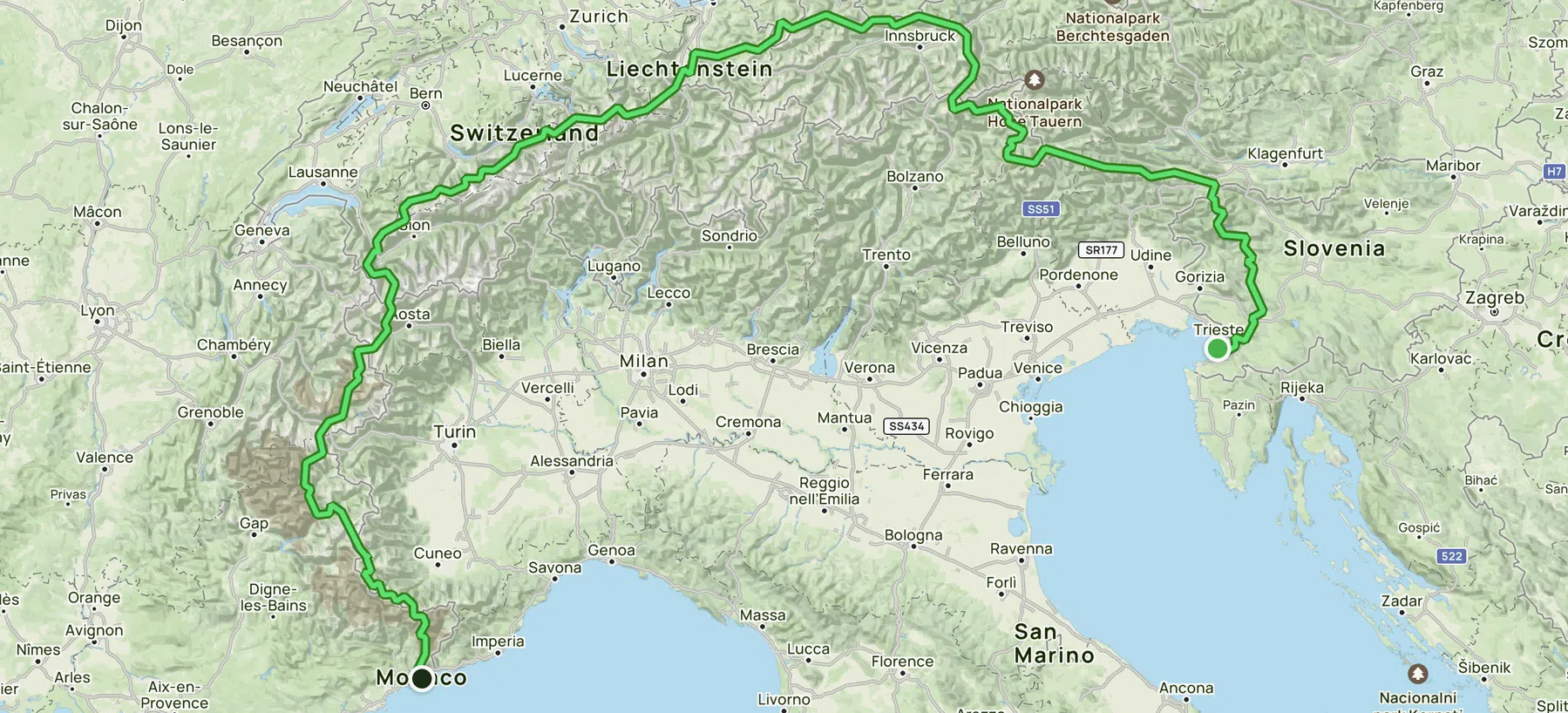 De route van Via Alpina