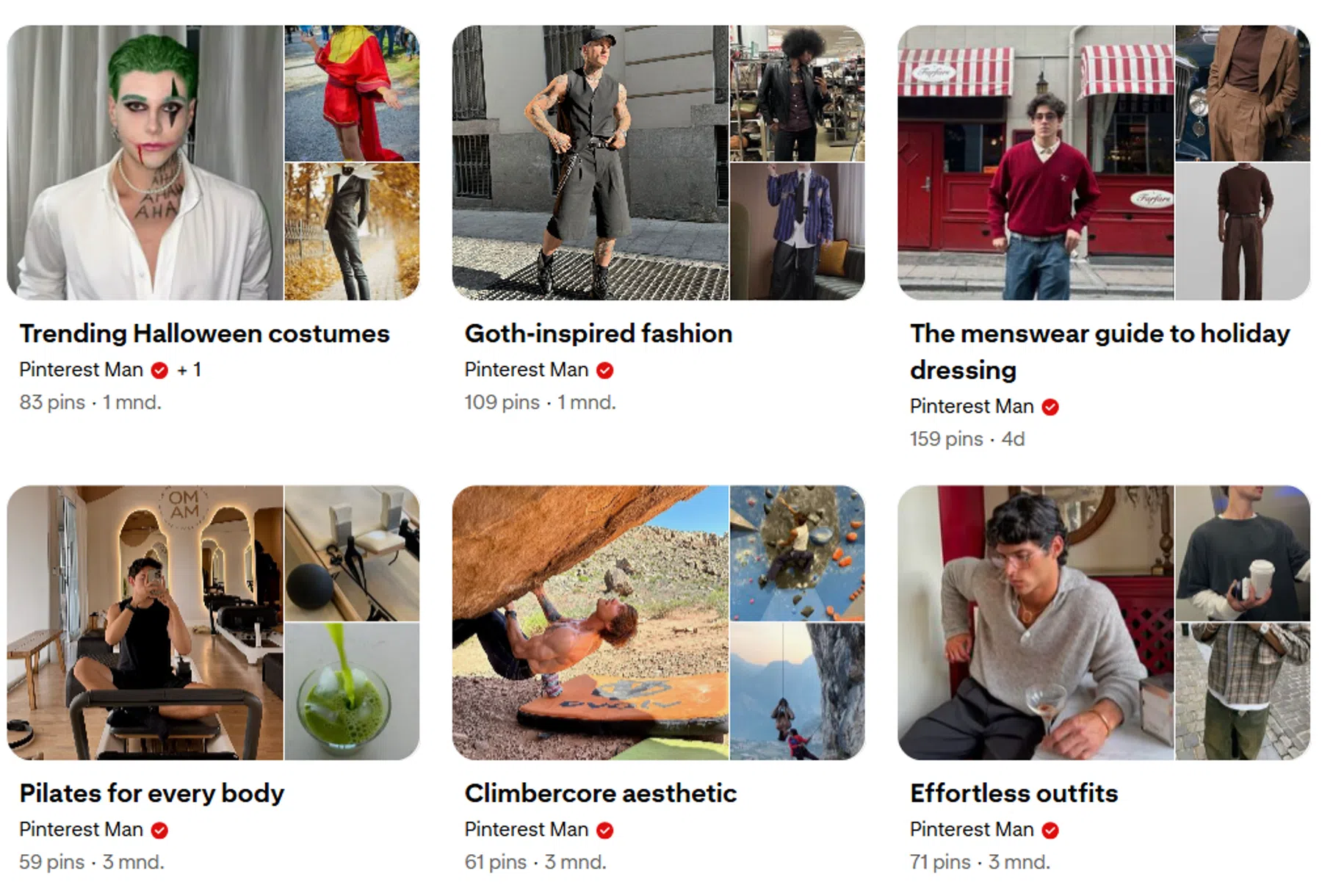 Dit is een schermopname van de pagina van Pinterest Man, met 'boards' zoals pilates, climbercore aesthetic en outfits