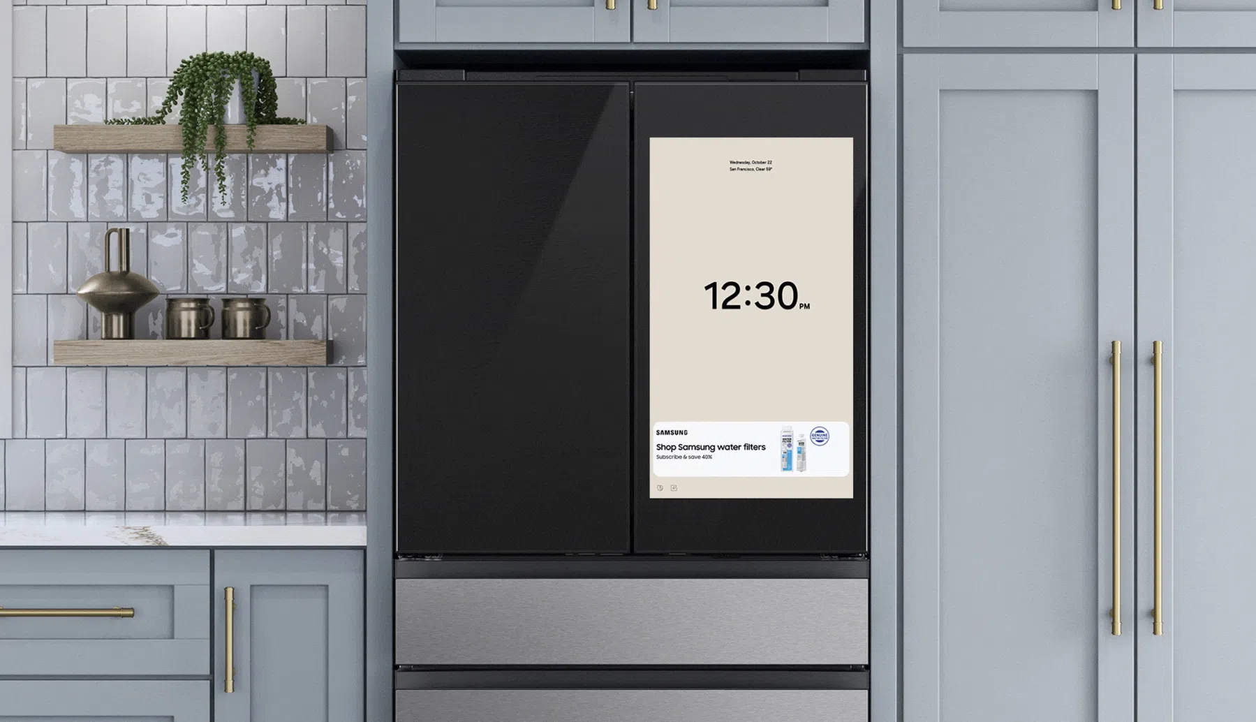 Het koelkast-scherm laat elke tien seconden wat anders zien: soms weer, soms een reclame.