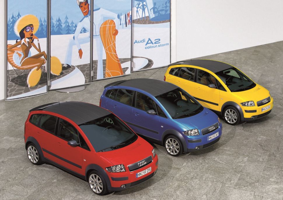 Audi A2 color.storm (Misanorood, Sprintblauw, Imolageel)