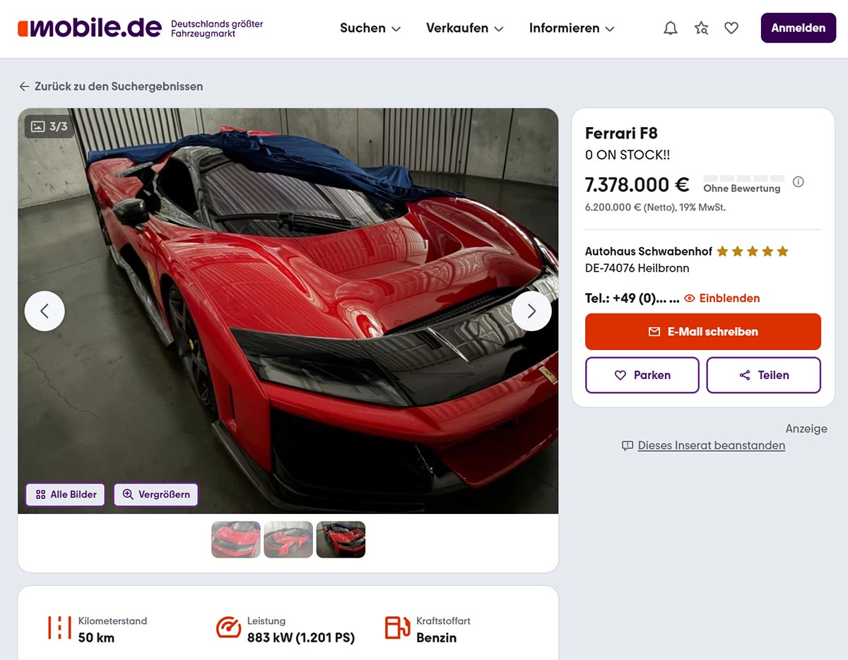 Ferrari F80 voor 7 miljoen op occasionsite