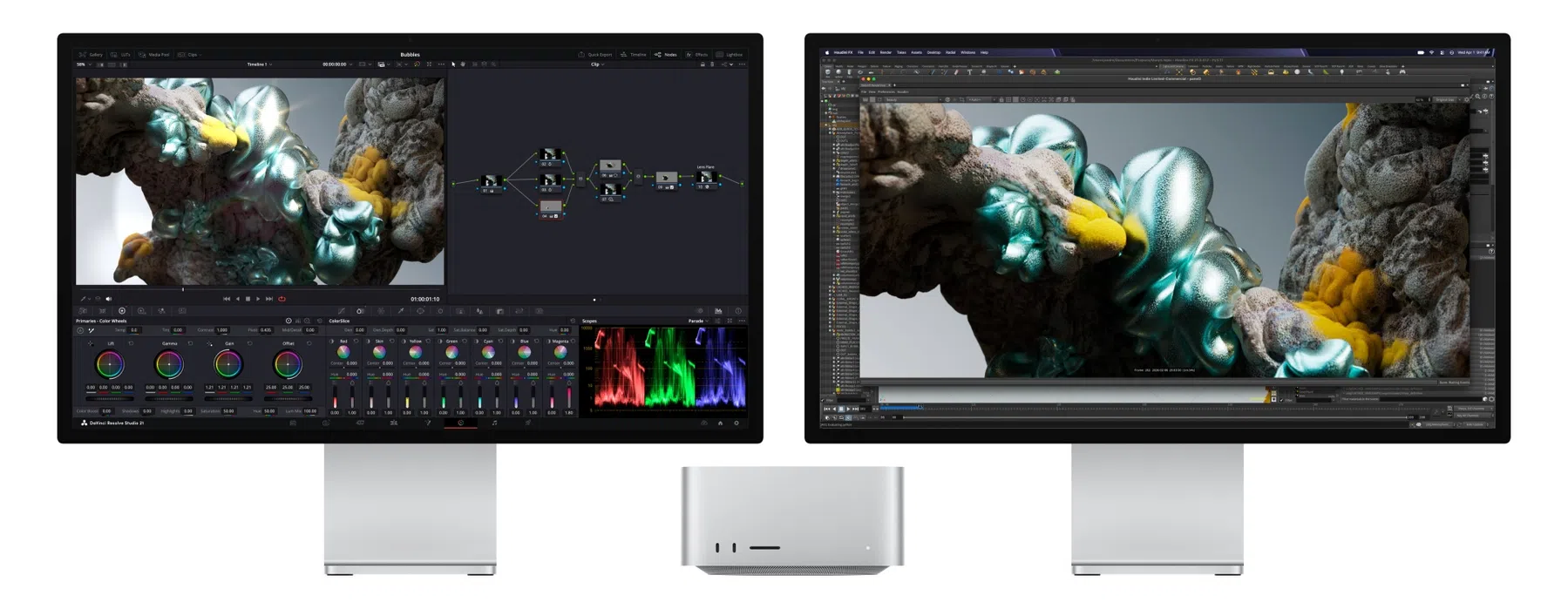 De Mac Studio met twee schermen.