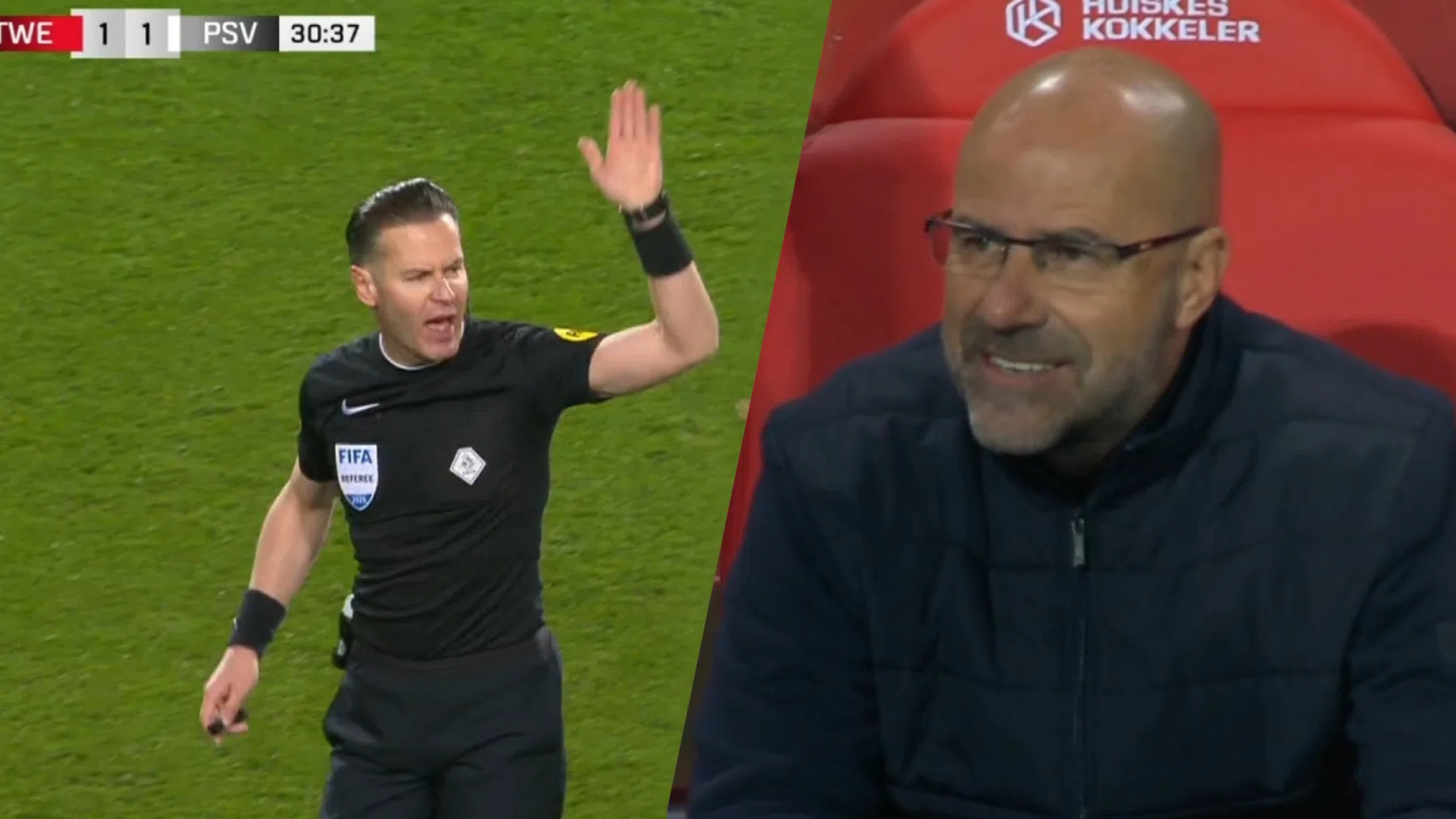 Wegwerpgebaar Makkelie naar PSV-spelers, Bosz kijkt nee schuddend toe