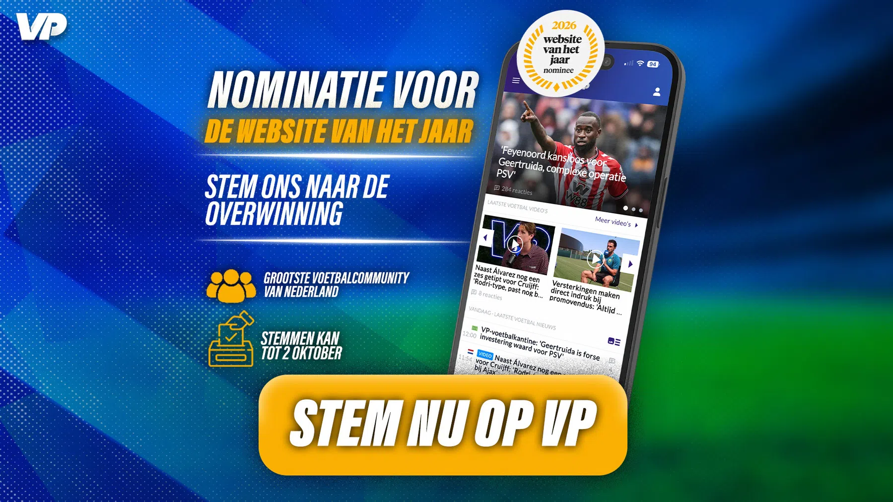 VoetbalPrimeur genomineerd voor Website van het Jaar: stem op ons!